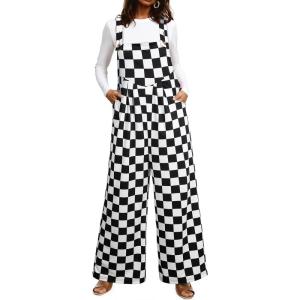 imageHappy Sailed Womens Plaid Overalls Casual Loose Sleeveless Adjustable Straps Wide Leg Pants Jumpsuit with PocketsBlack
