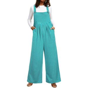imageHappy Sailed Womens Plaid Overalls Casual Loose Sleeveless Adjustable Straps Wide Leg Pants Jumpsuit with PocketsBlue
