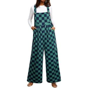 imageHappy Sailed Womens Plaid Overalls Casual Loose Sleeveless Adjustable Straps Wide Leg Pants Jumpsuit with PocketsGreen