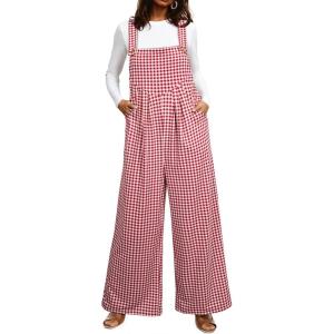 imageHappy Sailed Womens Plaid Overalls Casual Loose Sleeveless Adjustable Straps Wide Leg Pants Jumpsuit with PocketsRed