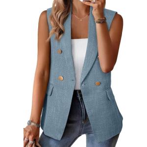 imageHappy Sailed Womens Sleeveless Vest Tops 2025 Trendy Double Breasted Tweed Blazer Business Work Suits with PocketsBlue
