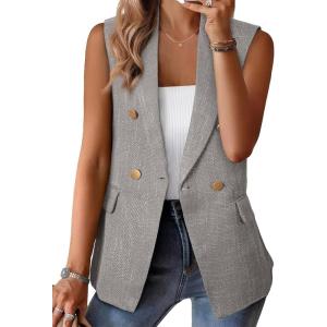 imageHappy Sailed Womens Sleeveless Vest Tops 2025 Trendy Double Breasted Tweed Blazer Business Work Suits with PocketsGrey