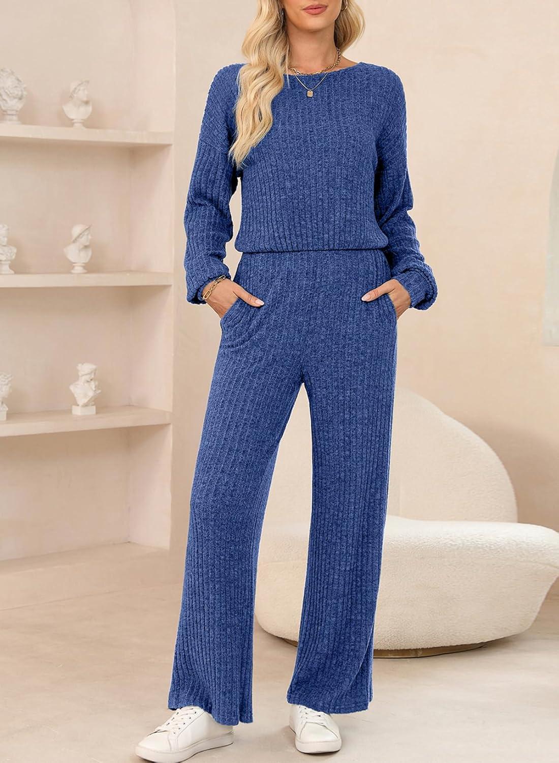 imageHappy Sailed Jumpsuits for Women Casual Loose Solid Ribbed Crewneck Long Sleeve Long Romper with Pockets