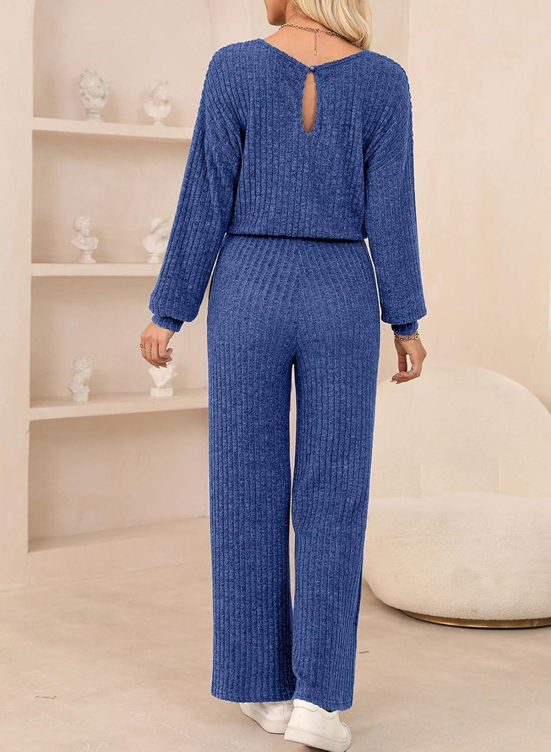 imageHappy Sailed Jumpsuits for Women Casual Loose Solid Ribbed Crewneck Long Sleeve Long Romper with Pockets