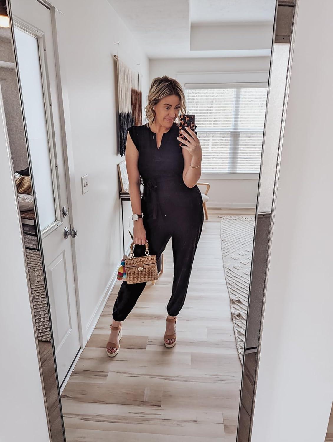 imageHappy Sailed Womens Fashion Jumpsuit Summer Sleeveless V Neck Waist Belt Long Pants Romper Loose Fit Overalls Stretchy Knit Jumpers For Women with Pockets Black Medium