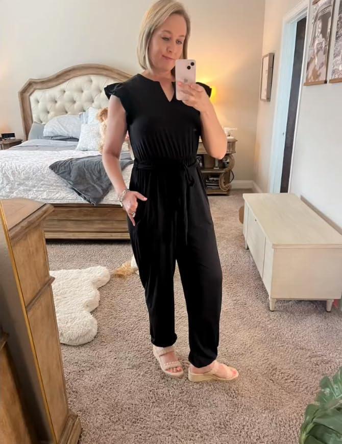 imageHappy Sailed Womens Fashion Jumpsuit Summer Sleeveless V Neck Waist Belt Long Pants Romper Loose Fit Overalls Stretchy Knit Jumpers For Women with Pockets Black Medium