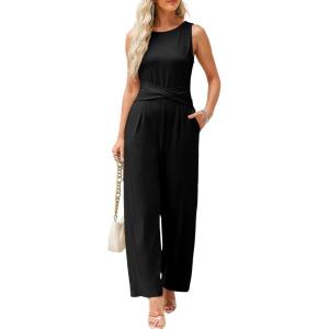 imageHappy Sailed Jumpsuits for Women Sleeveless Crewneck Cross Waist Wide Leg Long Pants Romper Dressy Business Casual Outfits