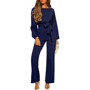 imageHappy Sailed Womens Loose Short Sleeve Belted Wide Leg Pant Romper Jumpsuit Business Casual One Piece OutfitsBlue