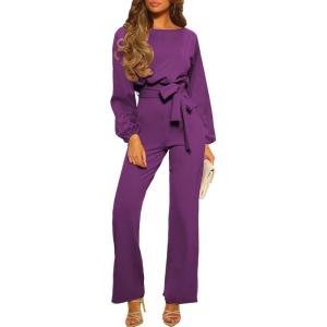 imageHappy Sailed Womens Loose Short Sleeve Belted Wide Leg Pant Romper Jumpsuit Business Casual One Piece OutfitsPurple