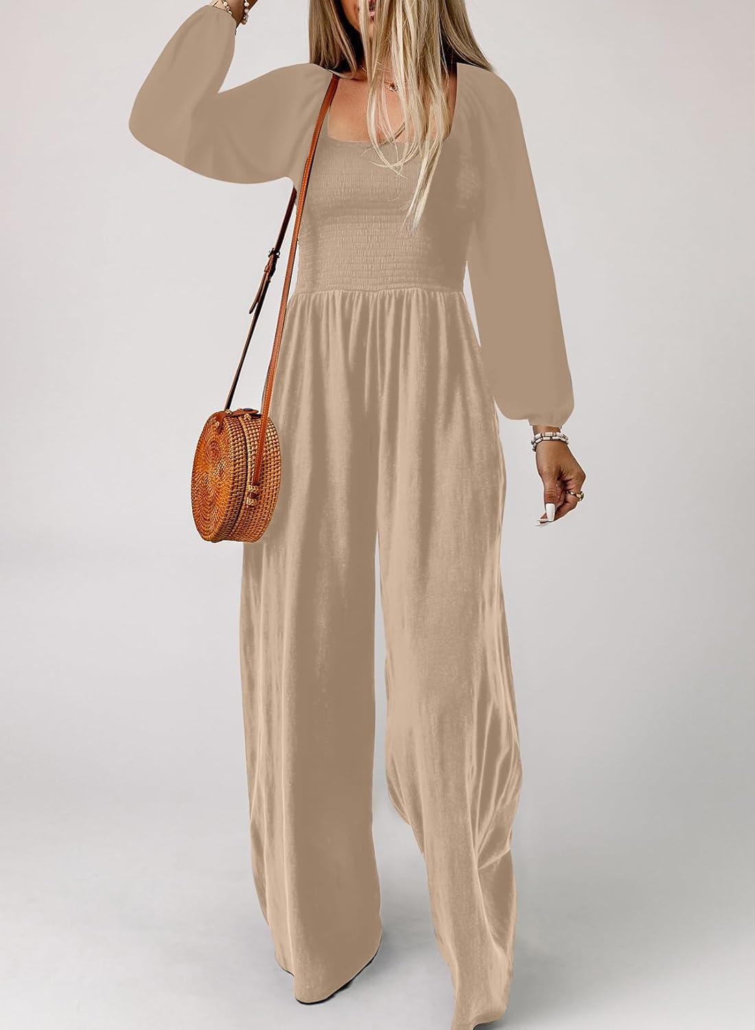 imageHappy Sailed Womens Long Sleeve Jumpsuits Loose Fit Overalls Square Neck Pockets High Waisted Wide Leg Pants RompersApricot