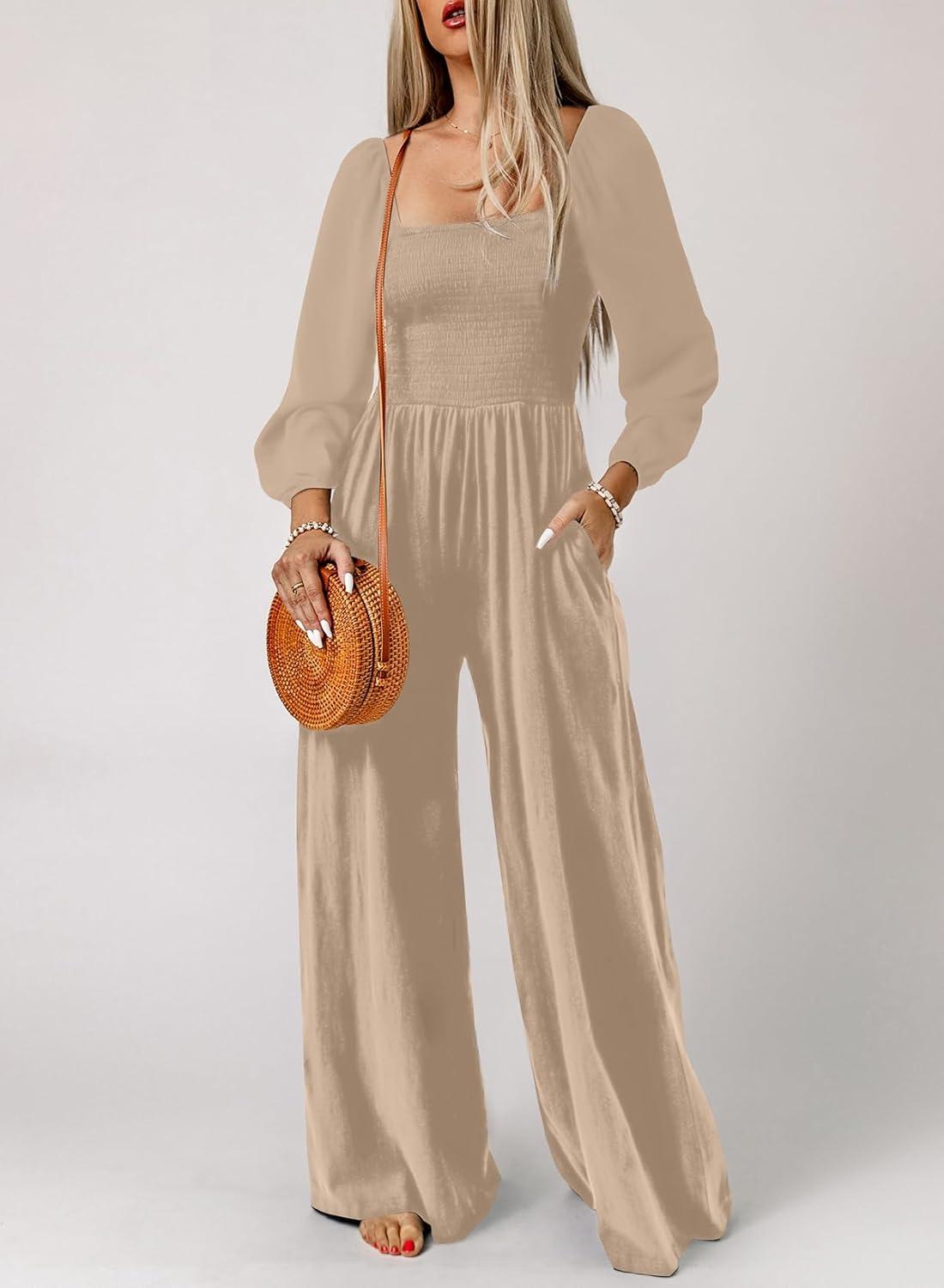 imageHappy Sailed Womens Long Sleeve Jumpsuits Loose Fit Overalls Square Neck Pockets High Waisted Wide Leg Pants RompersApricot