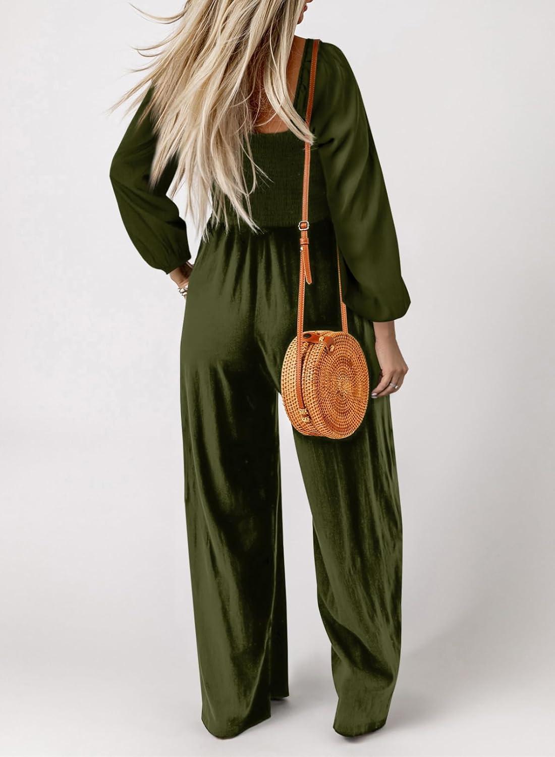 imageHappy Sailed Womens Long Sleeve Jumpsuits Loose Fit Overalls Square Neck Pockets High Waisted Wide Leg Pants RompersArmy Green