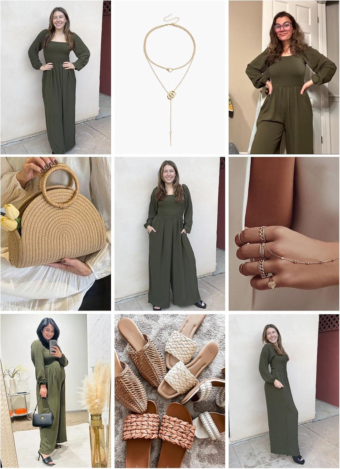 imageHappy Sailed Womens Long Sleeve Jumpsuits Loose Fit Overalls Square Neck Pockets High Waisted Wide Leg Pants RompersArmy Green