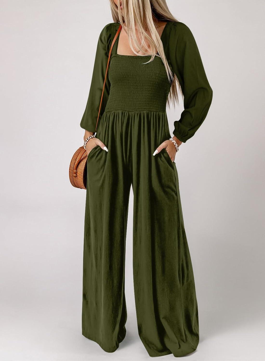 imageHappy Sailed Womens Long Sleeve Jumpsuits Loose Fit Overalls Square Neck Pockets High Waisted Wide Leg Pants RompersArmy Green
