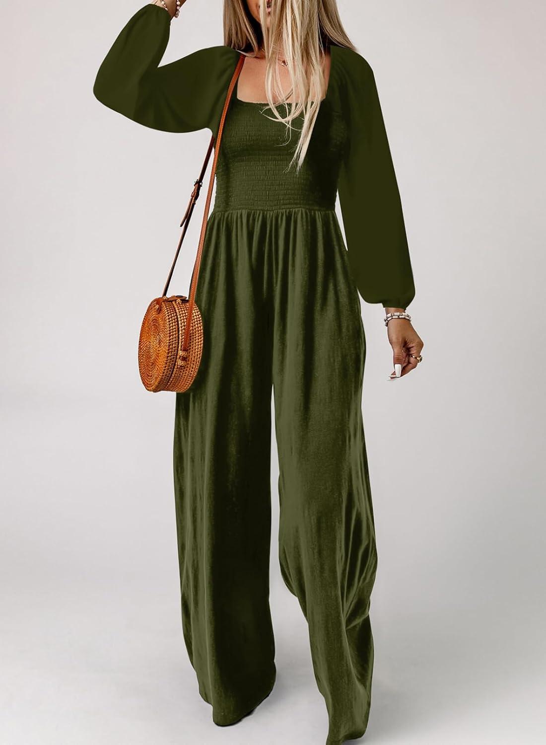 imageHappy Sailed Womens Long Sleeve Jumpsuits Loose Fit Overalls Square Neck Pockets High Waisted Wide Leg Pants RompersArmy Green