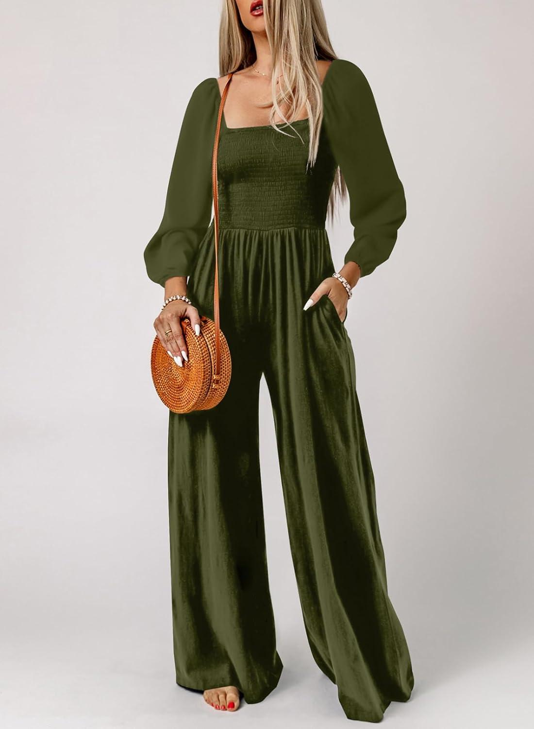 imageHappy Sailed Womens Long Sleeve Jumpsuits Loose Fit Overalls Square Neck Pockets High Waisted Wide Leg Pants RompersArmy Green