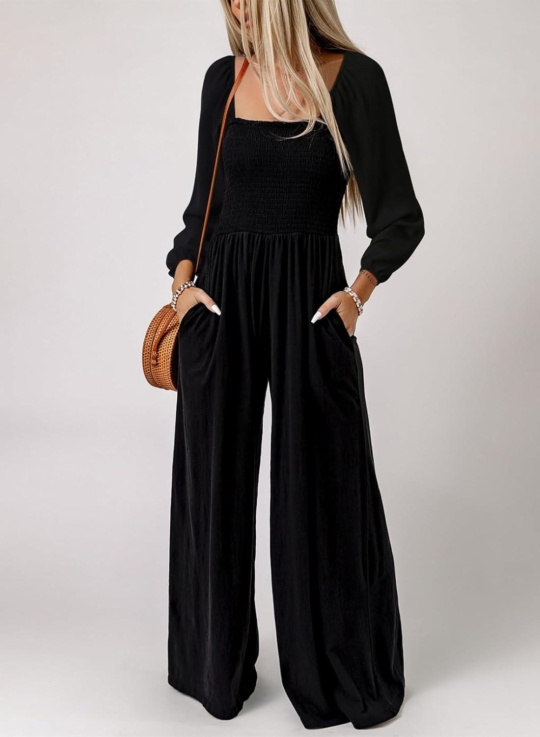 imageHappy Sailed Womens Long Sleeve Jumpsuits Loose Fit Overalls Square Neck Pockets High Waisted Wide Leg Pants RompersBlack