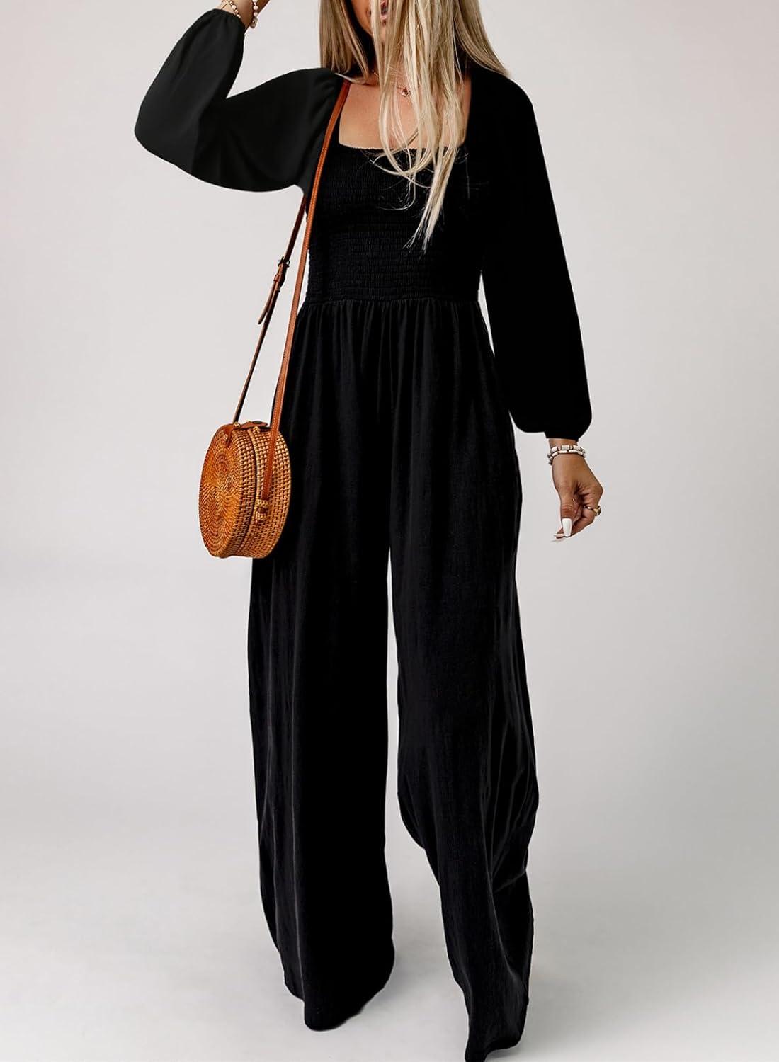 imageHappy Sailed Womens Long Sleeve Jumpsuits Loose Fit Overalls Square Neck Pockets High Waisted Wide Leg Pants RompersBlack