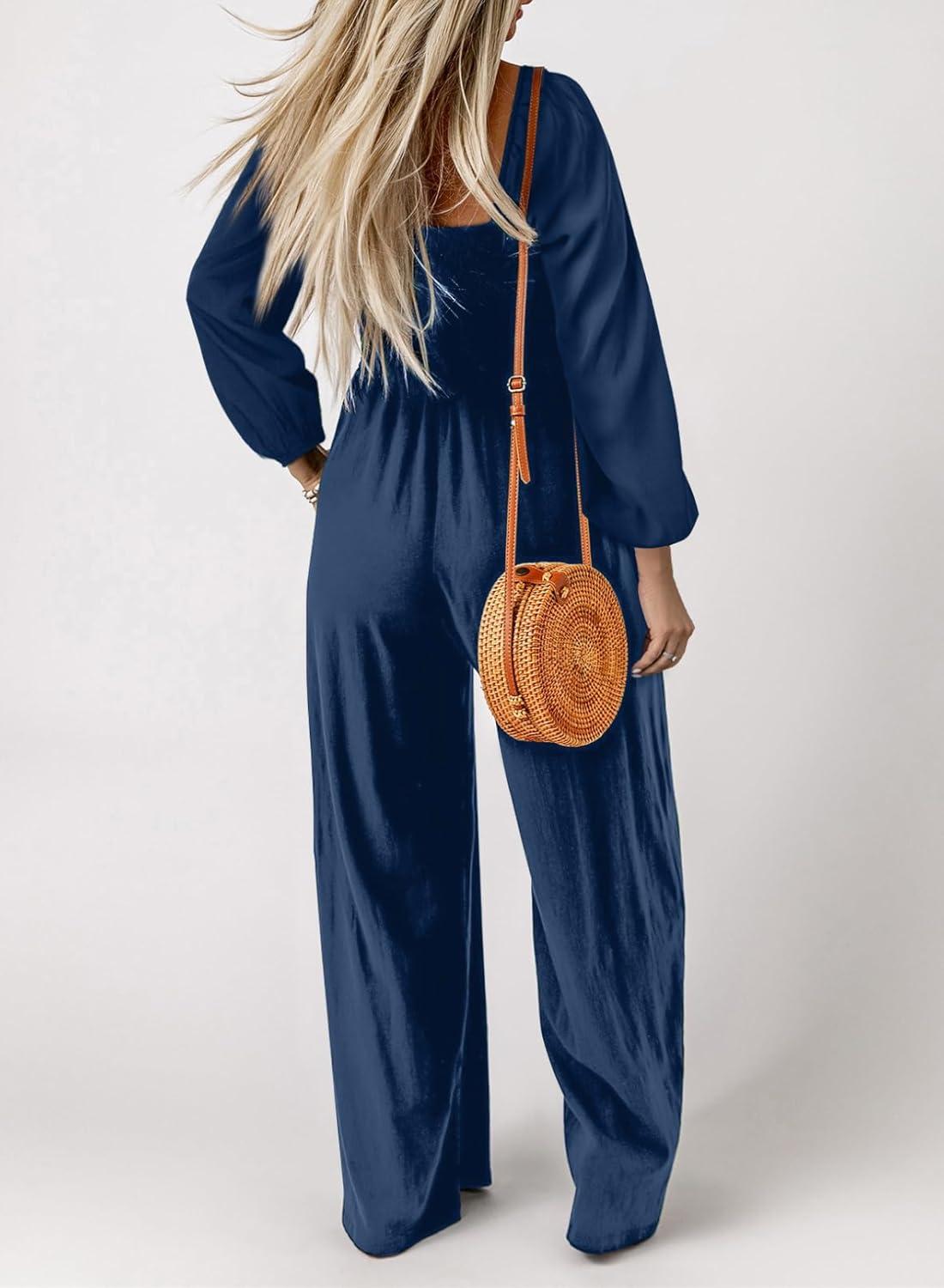 imageHappy Sailed Womens Long Sleeve Jumpsuits Loose Fit Overalls Square Neck Pockets High Waisted Wide Leg Pants RompersBlue
