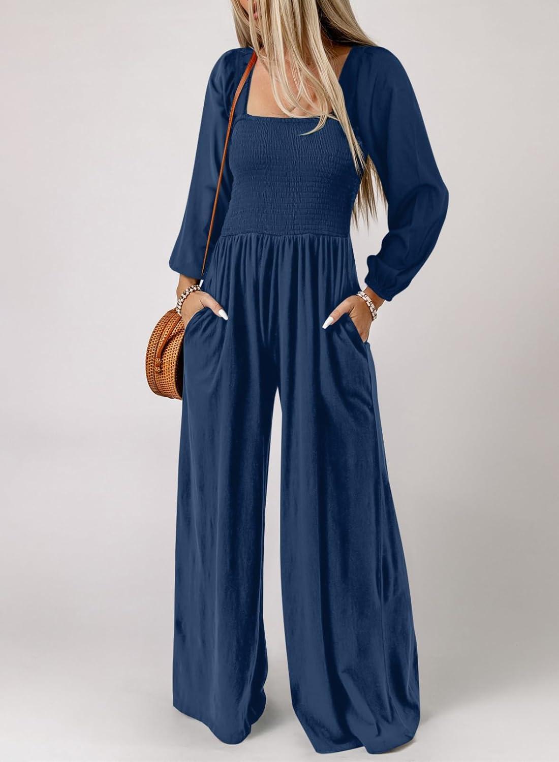 imageHappy Sailed Womens Long Sleeve Jumpsuits Loose Fit Overalls Square Neck Pockets High Waisted Wide Leg Pants RompersBlue