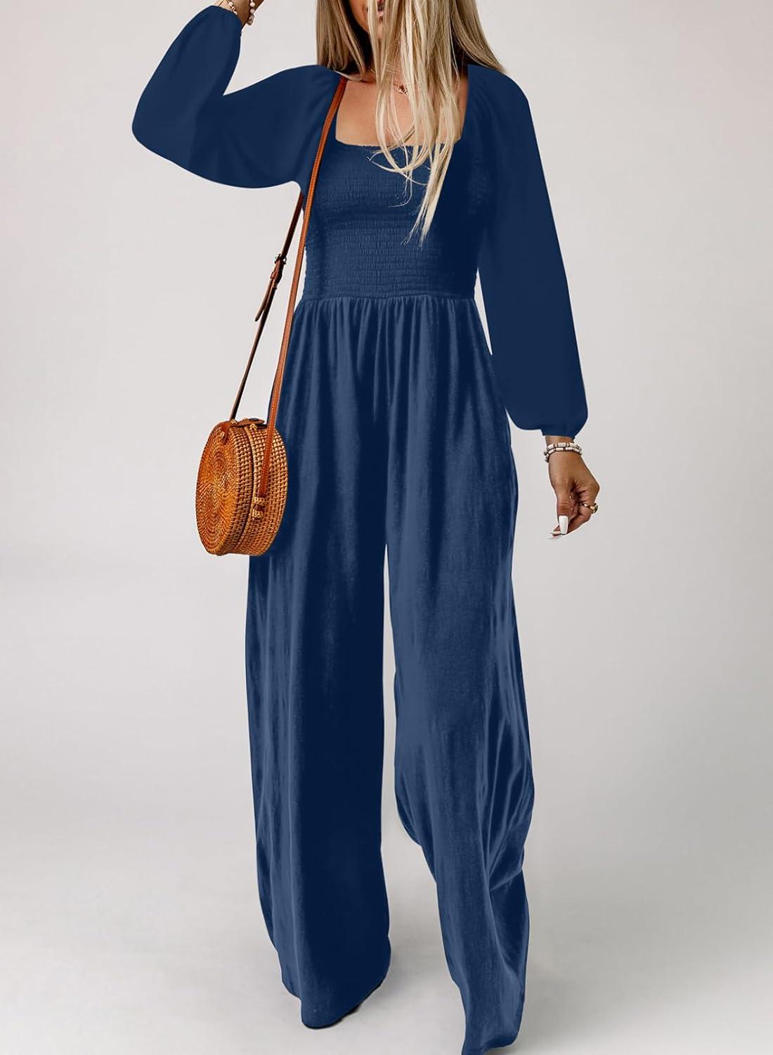 imageHappy Sailed Womens Long Sleeve Jumpsuits Loose Fit Overalls Square Neck Pockets High Waisted Wide Leg Pants RompersBlue