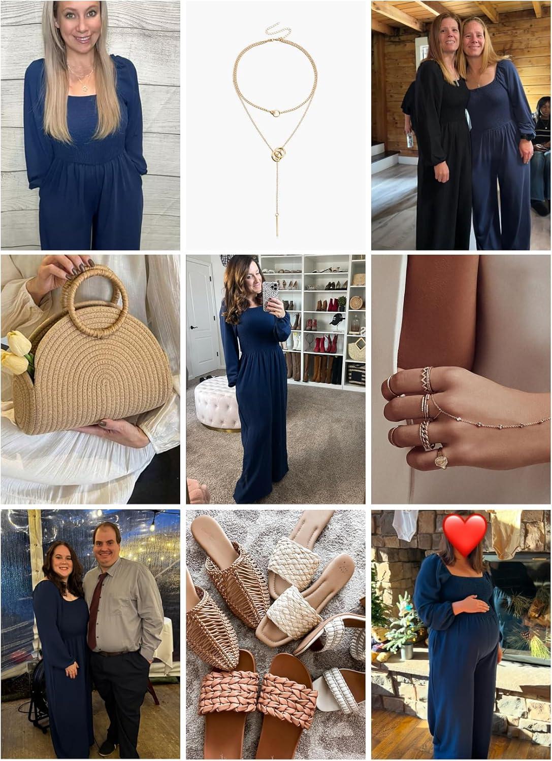 imageHappy Sailed Womens Long Sleeve Jumpsuits Loose Fit Overalls Square Neck Pockets High Waisted Wide Leg Pants RompersBlue