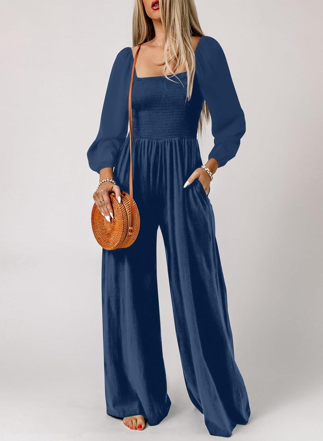 imageHappy Sailed Womens Long Sleeve Jumpsuits Loose Fit Overalls Square Neck Pockets High Waisted Wide Leg Pants RompersBlue