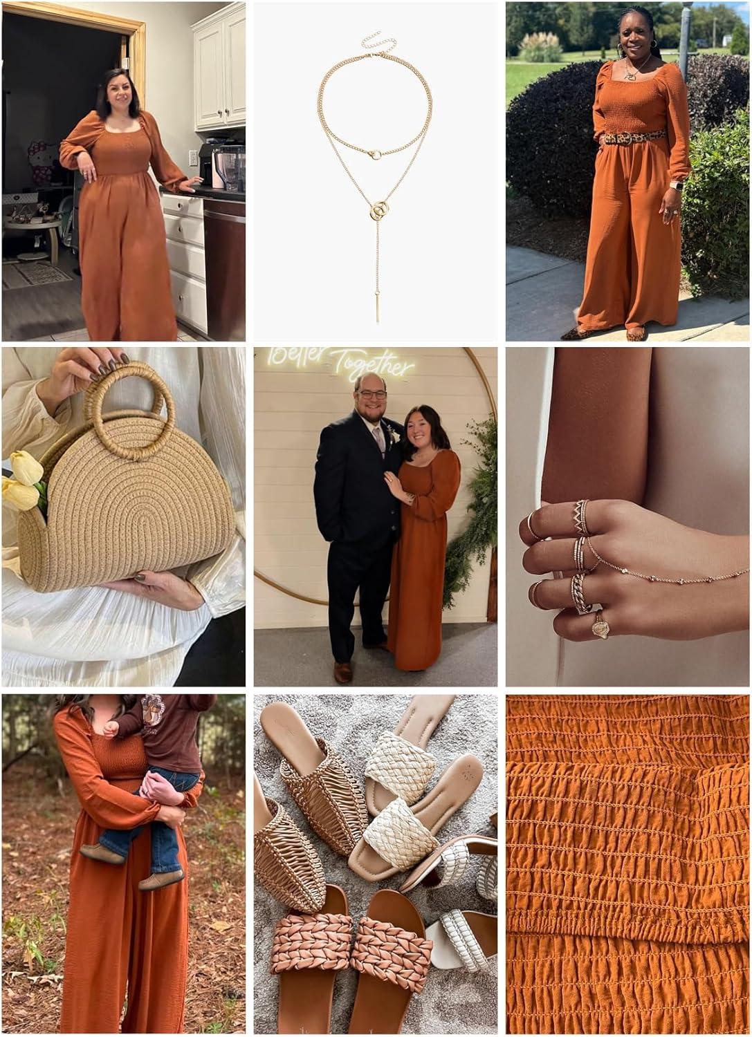 imageHappy Sailed Womens Long Sleeve Jumpsuits Loose Fit Overalls Square Neck Pockets High Waisted Wide Leg Pants RompersCoffee