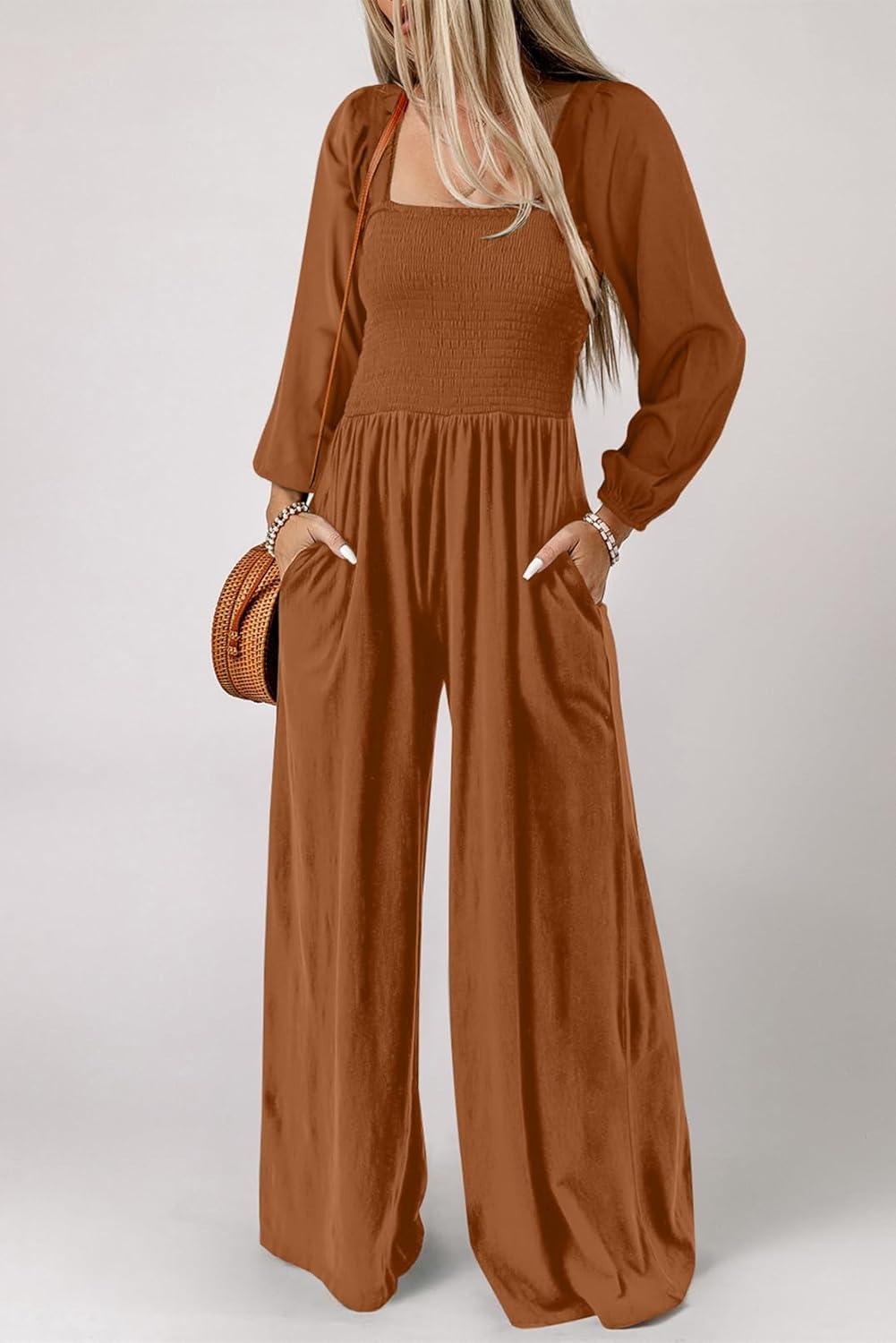 imageHappy Sailed Womens Long Sleeve Jumpsuits Loose Fit Overalls Square Neck Pockets High Waisted Wide Leg Pants RompersCoffee