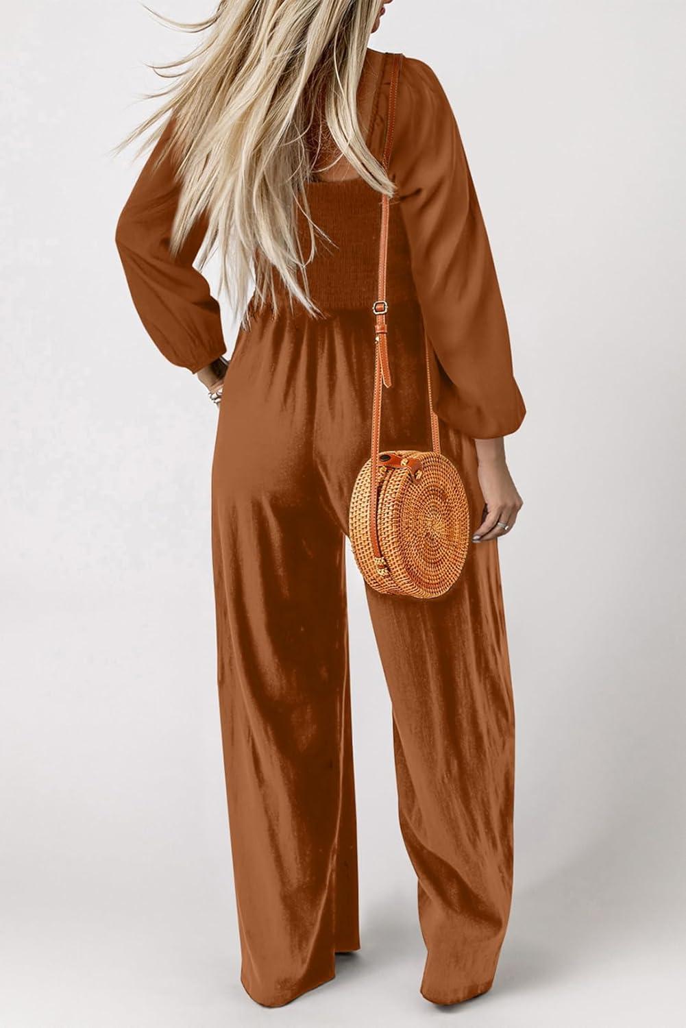 imageHappy Sailed Womens Long Sleeve Jumpsuits Loose Fit Overalls Square Neck Pockets High Waisted Wide Leg Pants RompersCoffee