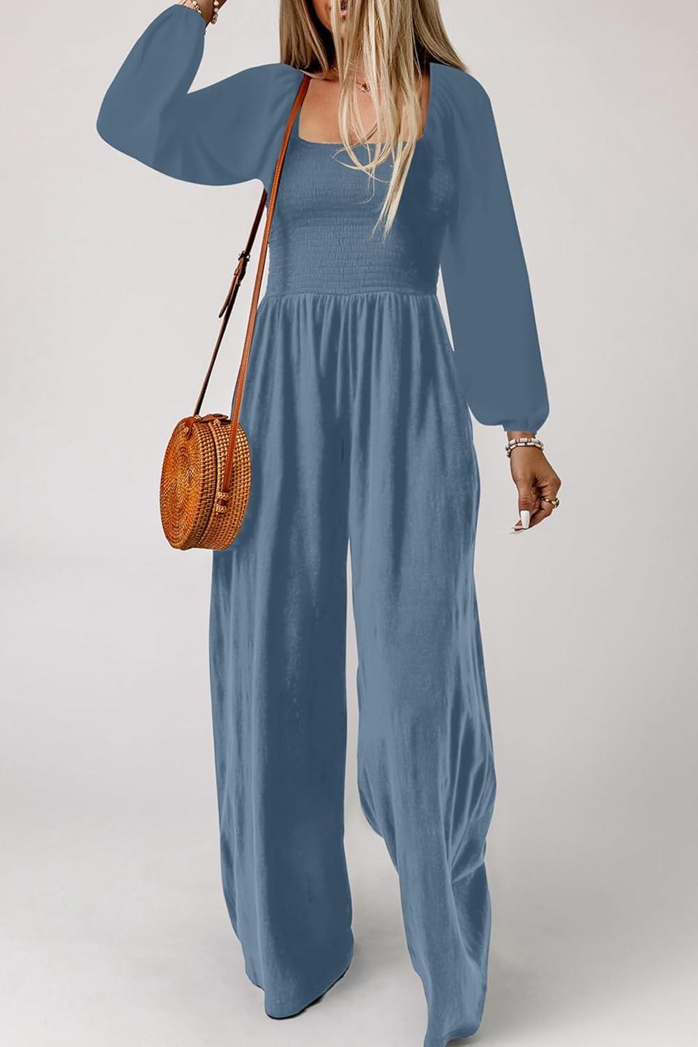 imageHappy Sailed Womens Long Sleeve Jumpsuits Loose Fit Overalls Square Neck Pockets High Waisted Wide Leg Pants RompersDusk Blue