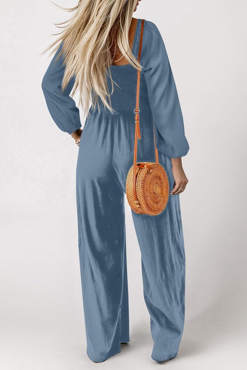 imageHappy Sailed Womens Long Sleeve Jumpsuits Loose Fit Overalls Square Neck Pockets High Waisted Wide Leg Pants RompersDusk Blue
