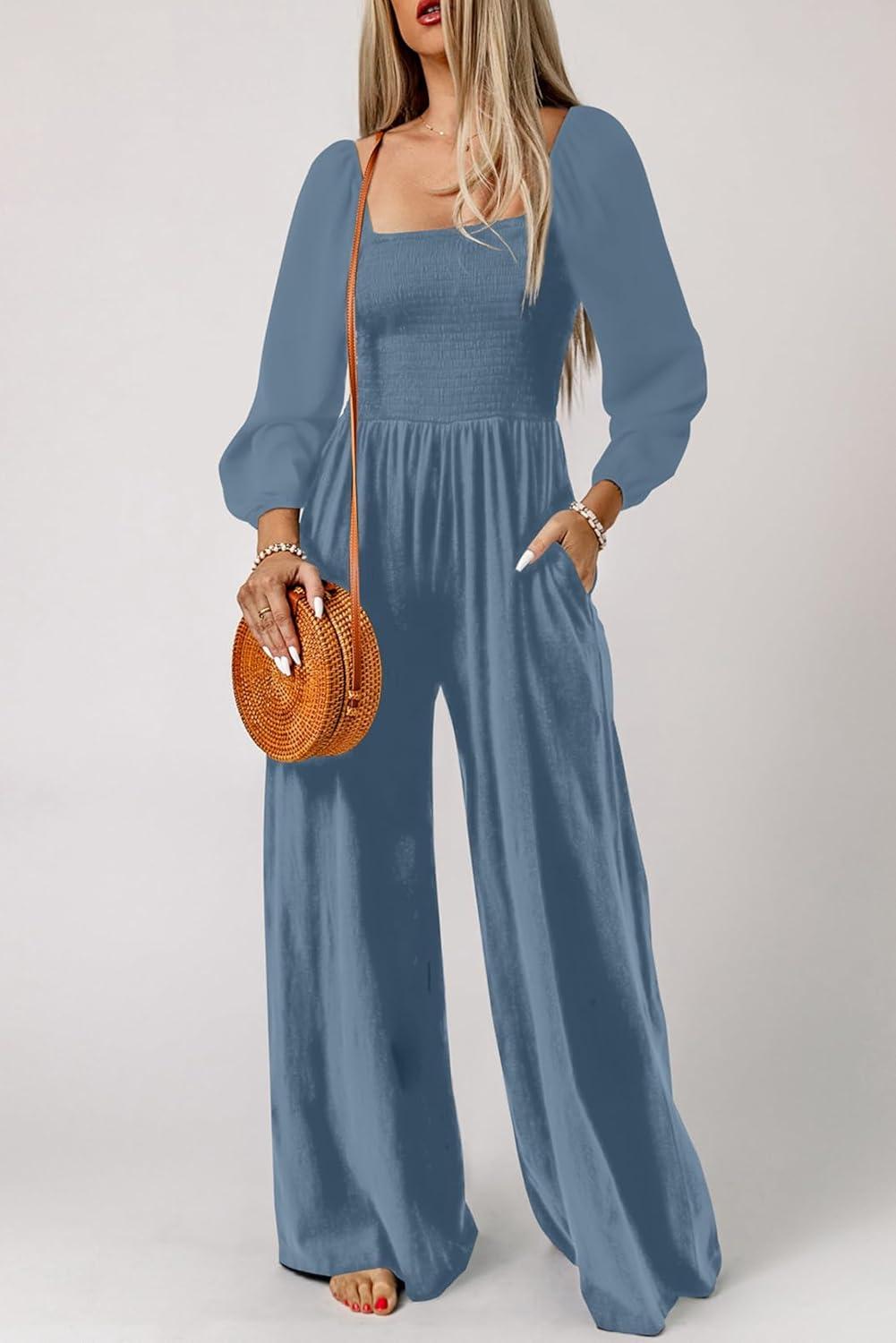 imageHappy Sailed Womens Long Sleeve Jumpsuits Loose Fit Overalls Square Neck Pockets High Waisted Wide Leg Pants RompersDusk Blue