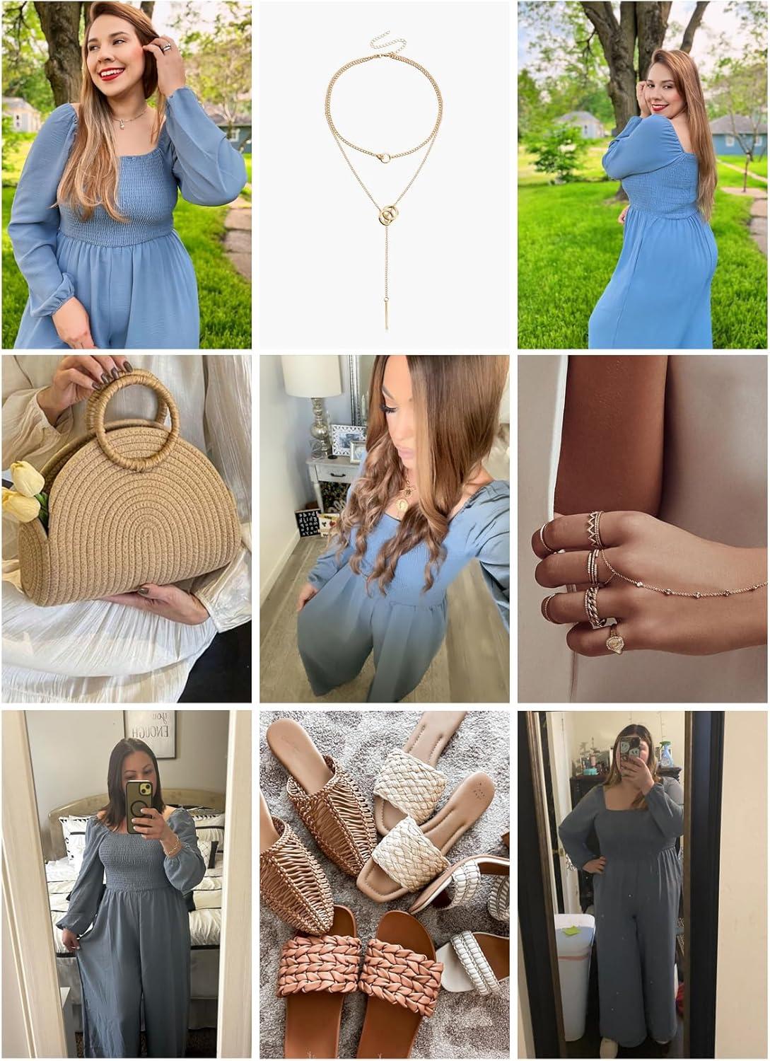 imageHappy Sailed Womens Long Sleeve Jumpsuits Loose Fit Overalls Square Neck Pockets High Waisted Wide Leg Pants RompersDusk Blue