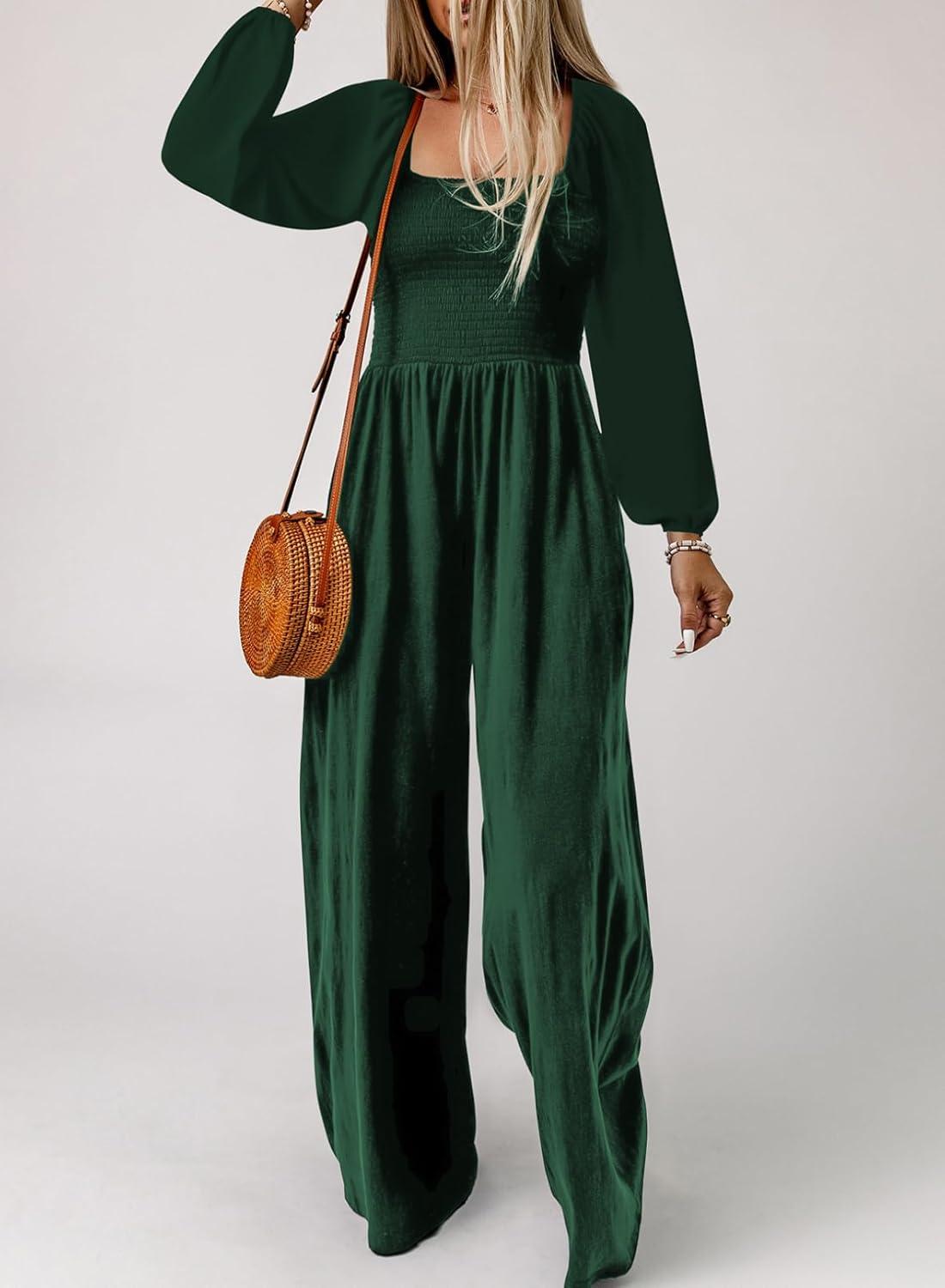 imageHappy Sailed Womens Long Sleeve Jumpsuits Loose Fit Overalls Square Neck Pockets High Waisted Wide Leg Pants RompersGreen