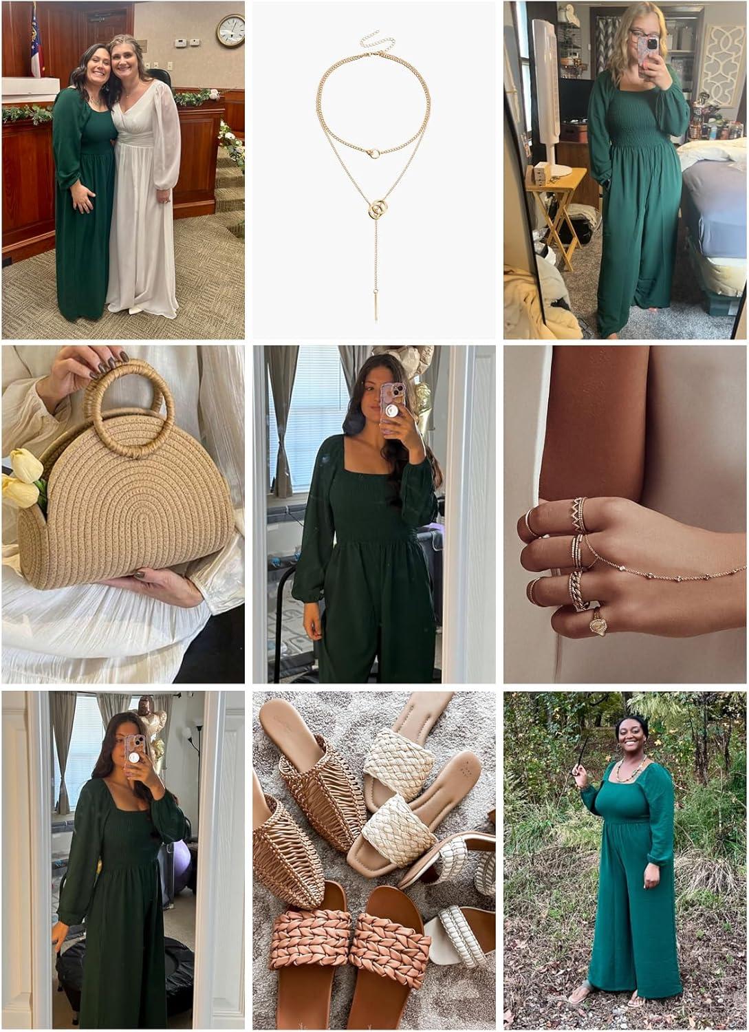 imageHappy Sailed Womens Long Sleeve Jumpsuits Loose Fit Overalls Square Neck Pockets High Waisted Wide Leg Pants RompersGreen