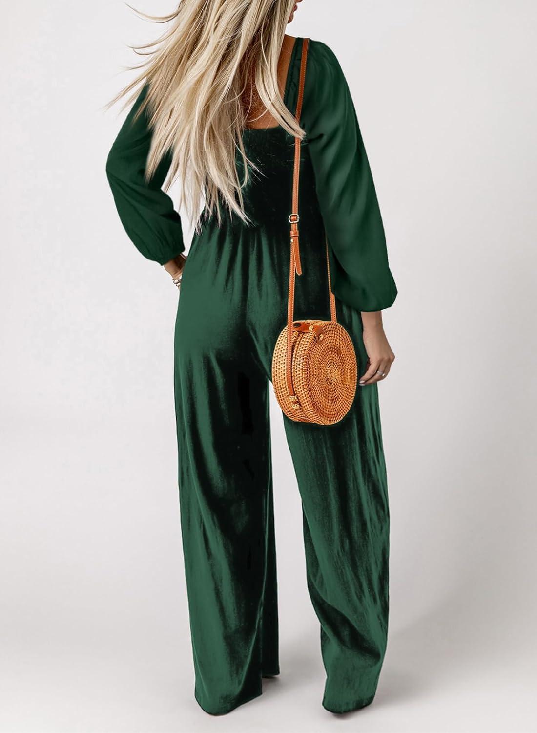 imageHappy Sailed Womens Long Sleeve Jumpsuits Loose Fit Overalls Square Neck Pockets High Waisted Wide Leg Pants RompersGreen