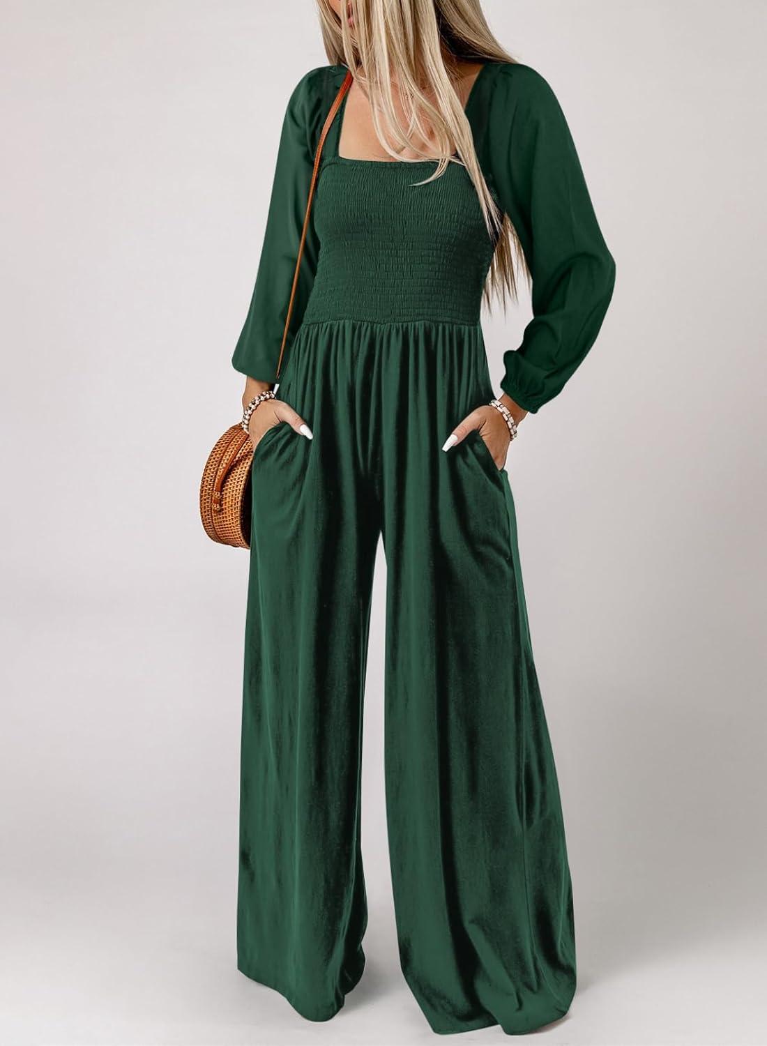 imageHappy Sailed Womens Long Sleeve Jumpsuits Loose Fit Overalls Square Neck Pockets High Waisted Wide Leg Pants RompersGreen