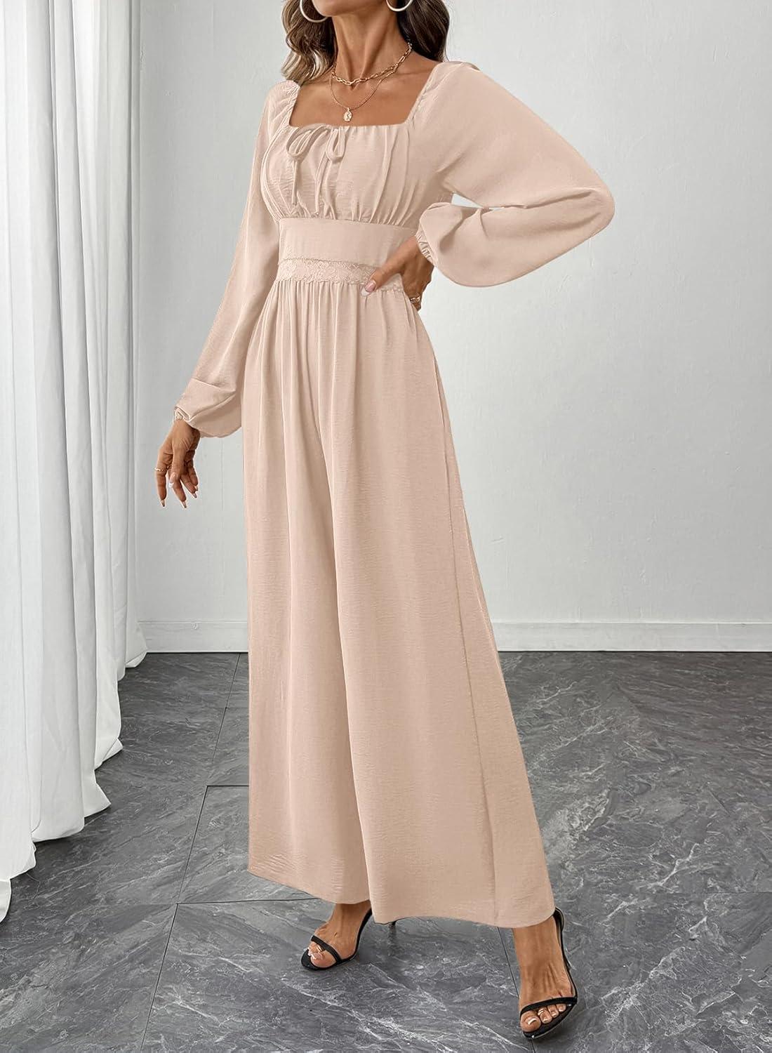 imageHappy Sailed Womens Long Sleeve Jumpsuits Loose Fit Overalls Square Neck Pockets High Waisted Wide Leg Pants RompersLaceapricot