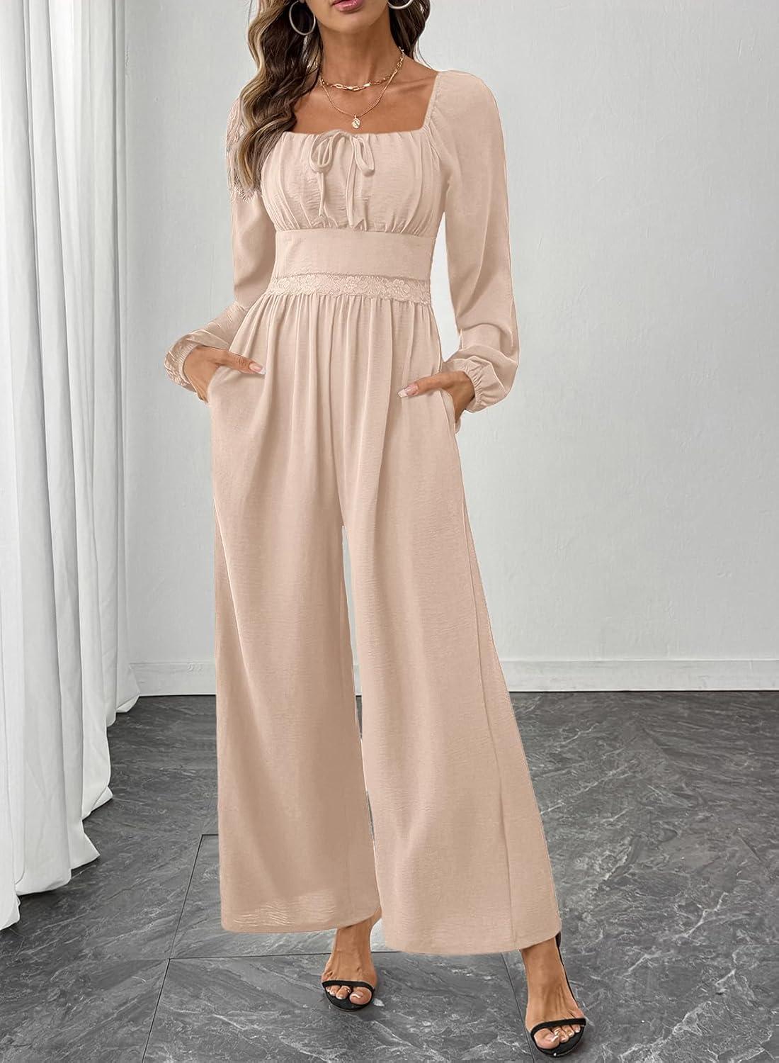 imageHappy Sailed Womens Long Sleeve Jumpsuits Loose Fit Overalls Square Neck Pockets High Waisted Wide Leg Pants RompersLaceapricot