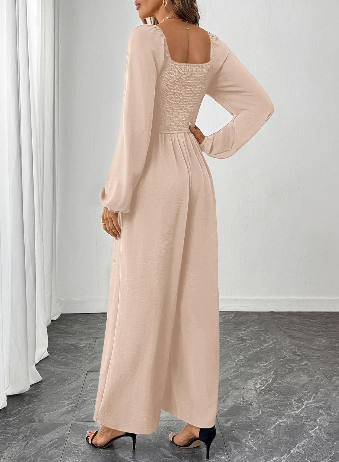 imageHappy Sailed Womens Long Sleeve Jumpsuits Loose Fit Overalls Square Neck Pockets High Waisted Wide Leg Pants RompersLaceapricot