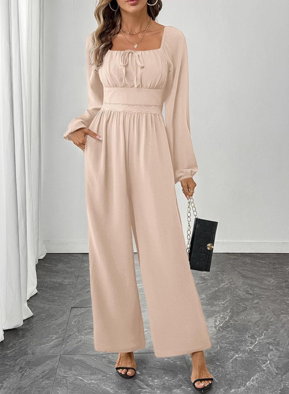 imageHappy Sailed Womens Long Sleeve Jumpsuits Loose Fit Overalls Square Neck Pockets High Waisted Wide Leg Pants RompersLaceapricot