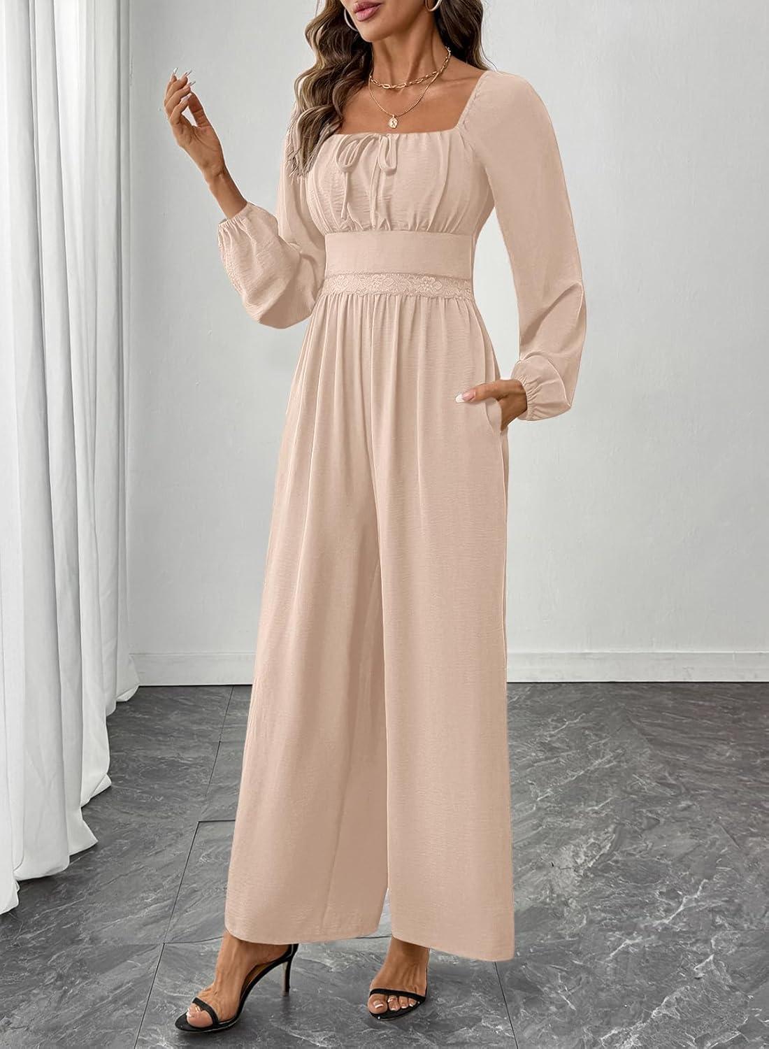 imageHappy Sailed Womens Long Sleeve Jumpsuits Loose Fit Overalls Square Neck Pockets High Waisted Wide Leg Pants RompersLaceapricot