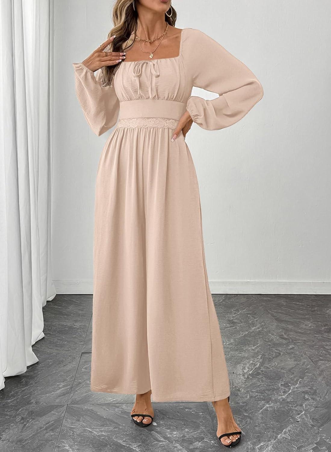 imageHappy Sailed Womens Long Sleeve Jumpsuits Loose Fit Overalls Square Neck Pockets High Waisted Wide Leg Pants RompersLaceapricot