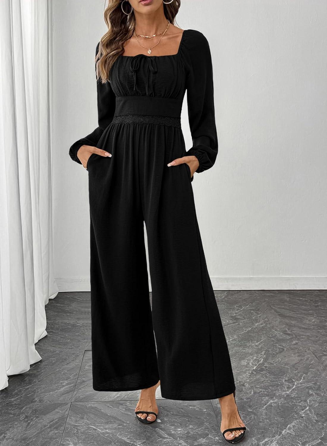 imageHappy Sailed Womens Long Sleeve Jumpsuits Loose Fit Overalls Square Neck Pockets High Waisted Wide Leg Pants RompersLaceblack