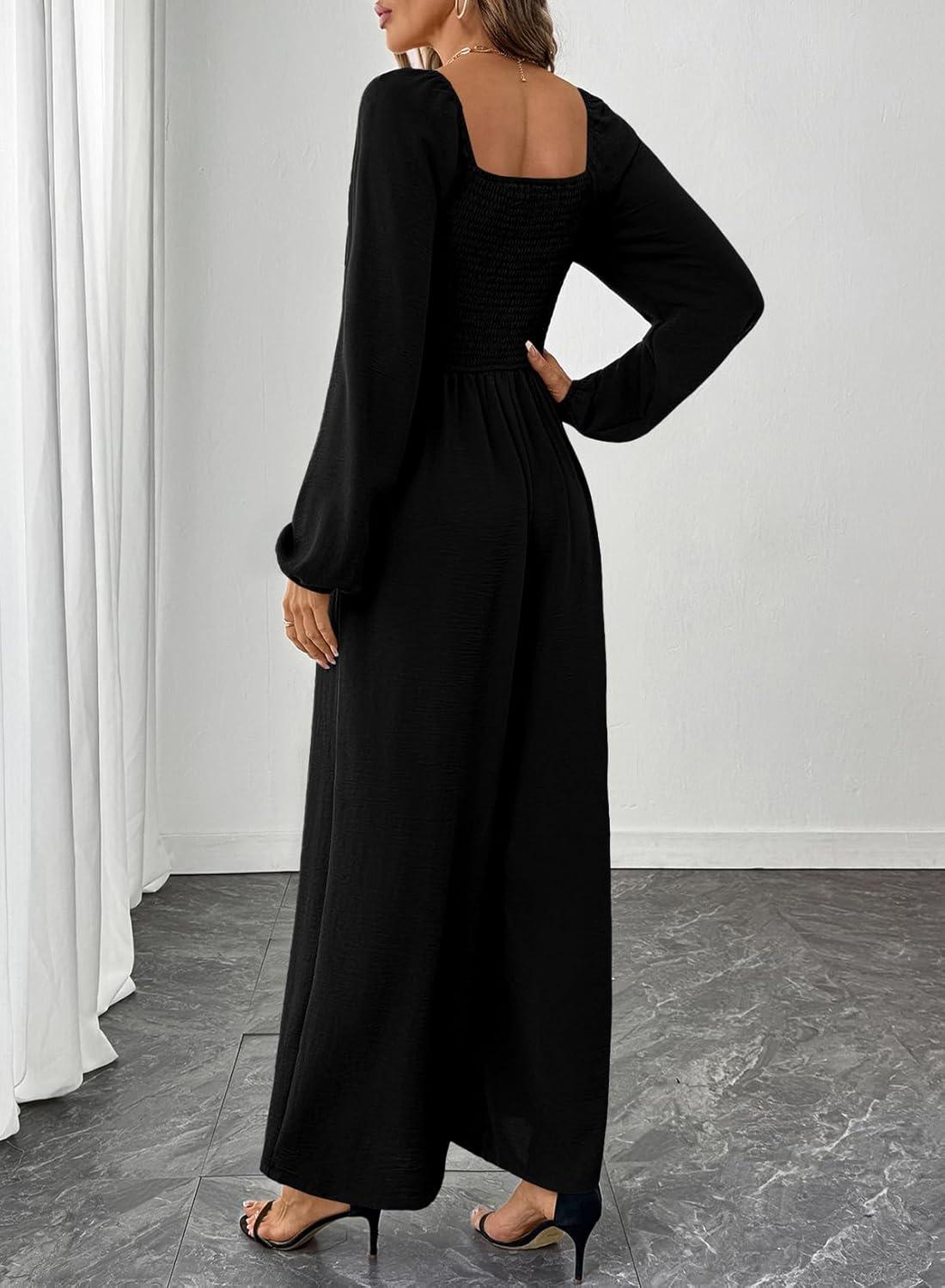 imageHappy Sailed Womens Long Sleeve Jumpsuits Loose Fit Overalls Square Neck Pockets High Waisted Wide Leg Pants RompersLaceblack