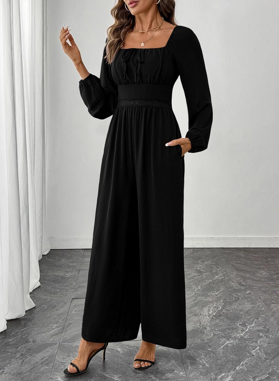 imageHappy Sailed Womens Long Sleeve Jumpsuits Loose Fit Overalls Square Neck Pockets High Waisted Wide Leg Pants RompersLaceblack