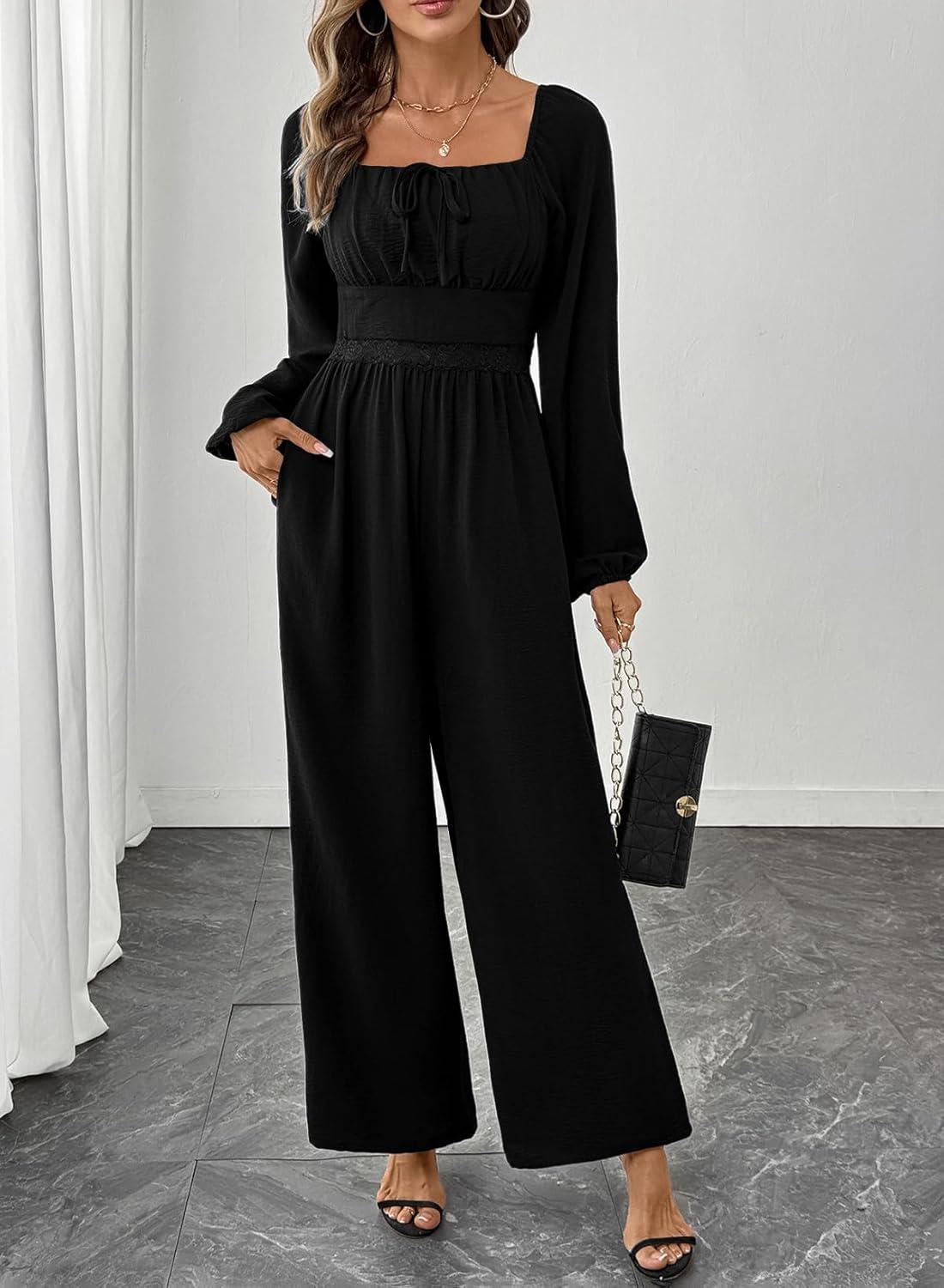 imageHappy Sailed Womens Long Sleeve Jumpsuits Loose Fit Overalls Square Neck Pockets High Waisted Wide Leg Pants RompersLaceblack