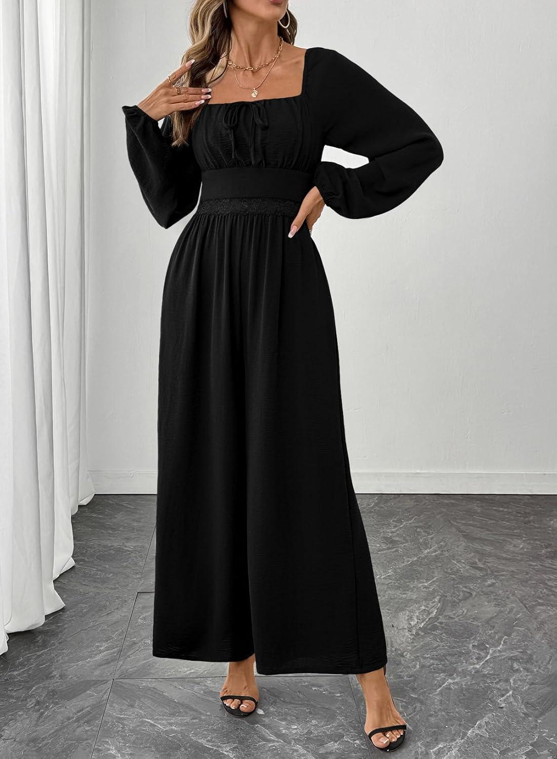 imageHappy Sailed Womens Long Sleeve Jumpsuits Loose Fit Overalls Square Neck Pockets High Waisted Wide Leg Pants RompersLaceblack
