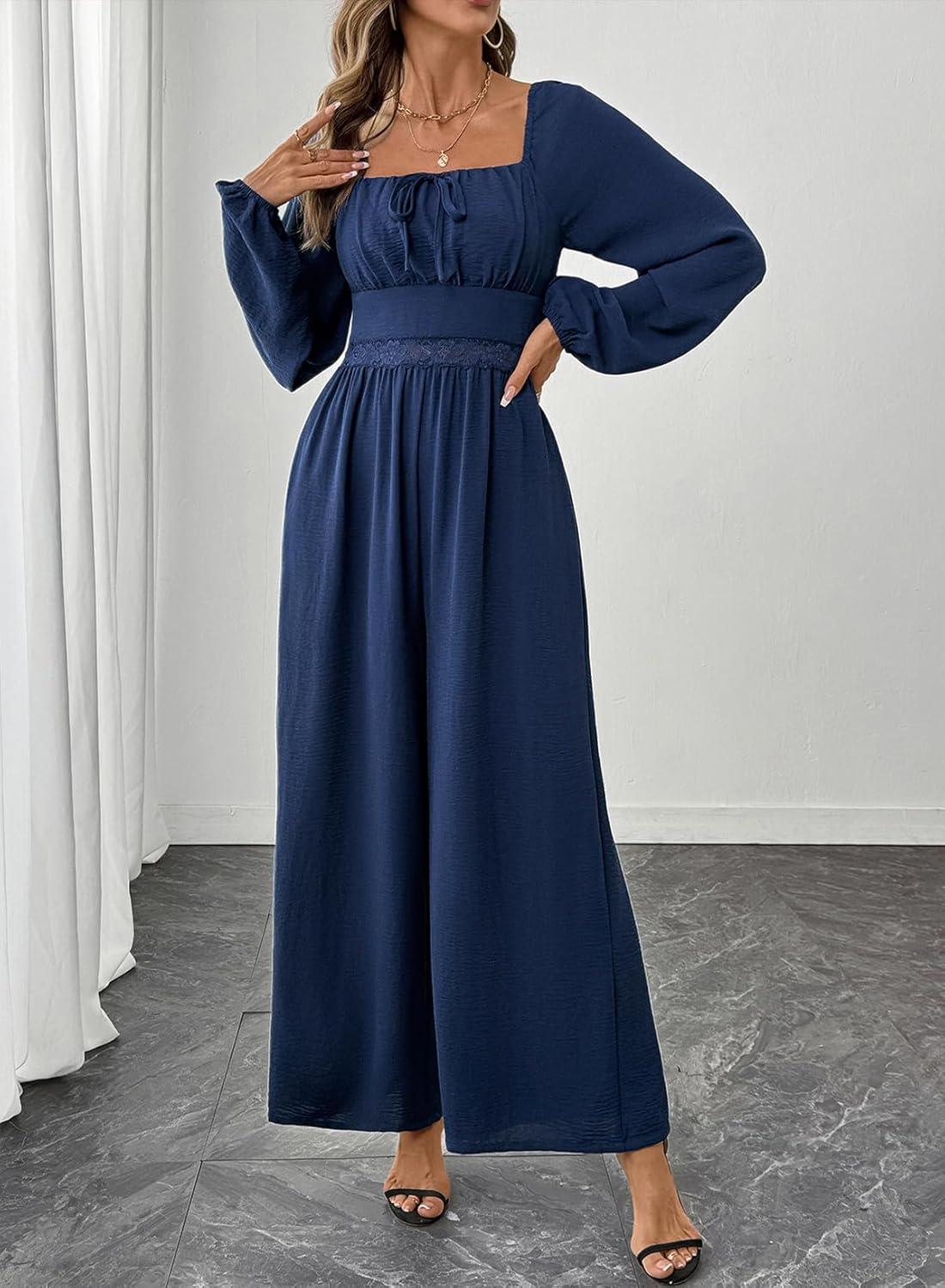 imageHappy Sailed Womens Long Sleeve Jumpsuits Loose Fit Overalls Square Neck Pockets High Waisted Wide Leg Pants RompersLacedark Blue